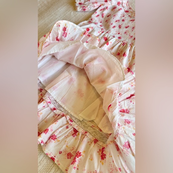 LOVESHACKFANCY Cosette White Cotton & Hot Pink Floral Smocked Ruffle Mini Dress